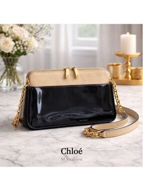 Chloé Lucy Two-Tone Leather Shoulder Bag Beige & Black Patent Leather